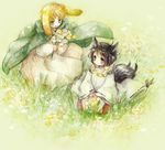  animal_ears axis_powers_hetalia blonde_hair brown_hair bunny_ears cape flower flower_necklace fox_ears fox_tail hai_yoru japan_(hetalia) jewelry male_focus multiple_boys necklace tail united_kingdom_(hetalia) 