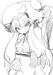  arm_up bow coo greyscale hair_bow hands hat long_hair monochrome patchouli_knowledge sketch smile solo touhou tsurime 