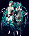  anklet aqua_hair barefoot belt closed_eyes detached_sleeves dual_persona elbow_gloves fingerless_gloves gloves hatsune_miku hatsune_miku_(append) jewelry long_hair md5_mismatch multiple_girls navel necktie skirt thighhighs tk28 toeless_legwear twintails very_long_hair vocaloid vocaloid_append zettai_ryouiki 