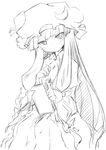  bangs blunt_bangs blush book bow capelet coo greyscale hair_bow hands hat head_tilt long_hair monochrome patchouli_knowledge sitting sketch smile solo touhou 