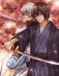  bad_id bad_pixiv_id cherry_blossoms gintama katsura_kotarou male_focus multiple_boys nuriko-kun sakata_gintoki sword weapon 