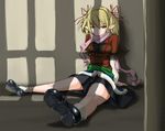  arm_warmers blonde_hair expressionless green_eyes marubonman mizuhashi_parsee pointy_ears scarf short_hair sitting solo touhou window_shade 