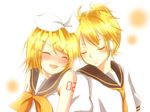  1girl bad_id bad_pixiv_id blush brother_and_sister closed_eyes couple hair_ornament hair_ribbon hairclip headphones hetero kagamine_len kagamine_rin kaori_ya ribbon siblings smile twins vocaloid 