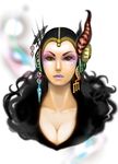  1girl breasts cleavage earrings edea_kramer eyeshadow female final_fantasy final_fantasy_viii gold_(pixiv860970) headdress jewelry makeup purple_lips solo white_background yellow_eyes 