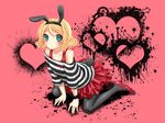  alternate_costume animal_ears aqua_eyes bare_shoulders blonde_hair bunny_ears bunny_tail casual contemporary curly_hair fashion high_heels kagamine_rin kneeling pantyhose shoes short_hair solo striped tail vocaloid yayoi_(egoistic_realism) 