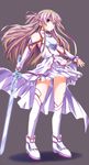  asuna_(sao) brown_eyes brown_hair cross highres legs skirt solo sword sword_art_online thighhighs weapon yuuka_(o.t.kingdom) 
