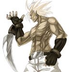  arm_blade belt chipp_zanuff earrings fingerless_gloves gloves grin guilty_gear jewelry male_focus muscle red_eyes shirtless simple_background smile solo tsurukame weapon white_hair 