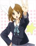  blazer brown_eyes brown_hair foreshortening hirasawa_yui jacket k-on! salute school_uniform short_hair solo tanupo vulcan_salute 