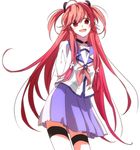  ahoge angel_beats! bad_id bad_pixiv_id belt choker cross fang long_hair pink_hair red_eyes ribbon school_uniform skirt solo thigh_strap two_side_up unome_(tknm) yui_(angel_beats!) 