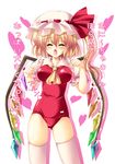  adapted_costume alternate_color_school_swimsuit blonde_hair bouncing_breasts breasts closed_eyes flandre_scarlet hat heart kamiya_tomoe large_breasts one-piece_swimsuit open_mouth ponytail red_swimsuit school_swimsuit short_hair side_ponytail skindentation solo swimsuit thighhighs touhou translated white_legwear wings 