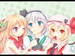  blonde_hair blue_eyes blush cake eating flandre_scarlet food fruit green_background hat ibuki_suika konpaku_youmu letterboxed long_hair looking_at_viewer miotama multiple_girls necktie orange_hair red_eyes silver_hair smile strawberry sweat tie_clip touhou 