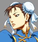 alvin_lee bangs brown_hair bun_cover chinese_clothes chun-li close-up closed_mouth double_bun earrings face frills grey_background jewelry looking_away official_art orange_eyes ribbon short_hair simple_background solo street_fighter street_fighter_ii_(series) turtleneck udon_entertainment 