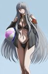  1girl ball bare_shoulders beachball bikini breasts cleavage female highres huge_breasts jacket long_hair midriff military military_uniform miyabimasa navel pale_skin red_eyes selvaria_bles senjou_no_valkyria senjou_no_valkyria_1 silver_hair simple_background solo swimsuit uniform 