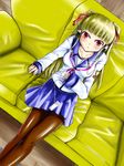  angel_beats! blonde_hair brown_legwear headphones highres pantyhose red_eyes san4 sitting solo yusa_(angel_beats!) 