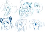  animal_ears bangs blue blunt_bangs bow bunny_ears coo fire fujiwara_no_mokou hair_bow hat monochrome multiple_girls oekaki open_mouth patchouli_knowledge profile reisen_udongein_inaba sad simple_background sketch smirk touhou white_background 