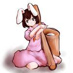  animal_ears bad_id bad_pixiv_id barefoot blush brown_eyes brown_hair bunny_ears carrot dress food goichi inaba_tewi jewelry mochi mortar pendant pestle pink_dress short_hair sitting smile solo touhou usagi_kine wagashi 