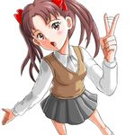  brown_eyes brown_hair from_above long_hair lowres mimige625 perspective school_uniform shirai_kuroko solo sweater_vest to_aru_kagaku_no_railgun to_aru_majutsu_no_index twintails v 