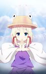  bad_id bad_pixiv_id blonde_hair blue_eyes cloud day eyes hair_ribbon hands_together hat highres moriya_suwako own_hands_together ribbon sky smile solo touhou yunotimo 