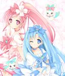  bad_id bad_pixiv_id blue_eyes blue_hair blue_skirt bow choker chypre_(heartcatch_precure!) coffret_(heartcatch_precure!) cure_blossom cure_marine earrings hair_ornament hanasaki_tsubomi heart heartcatch_precure! jewelry kurumi_erika magical_girl multiple_girls one_eye_closed pink_bow pink_choker pink_eyes pink_hair ponytail precure purinko skirt wrist_cuffs 