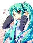  amakara_surume bad_id bad_pixiv_id blush detached_sleeves green_eyes green_hair hatsune_miku long_hair musical_note necktie smile solo twintails very_long_hair vocaloid 