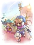  2girls climbing copyright_name end_of_the_world feena_(grandia) grandia grandia_i gyou_taira hat holding_hands justin_(grandia) layered_sleeves looking_back multiple_girls sketch sue_(grandia) wall 