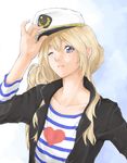  blonde_hair blue_eyes face hat k-on! kotobuki_tsumugi lips listen!! long_hair looking_at_viewer one_eye_closed peaked_cap sailor sailor_hat solo yamaishi_(mukoubuti) 