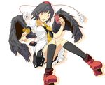  araco black_hair black_wings camera full_body geta hat looking_at_viewer notebook open_mouth red_eyes shameimaru_aya short_hair solo tengu-geta tokin_hat touhou wings 