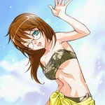  bikini blue_eyes brown_hair days_of_memories fio_germi glasses lowres metal_slug midriff one_eye_closed sarong screencap snk solo strapless swimsuit 