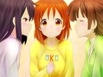  alternate_hairstyle black_hair brown_hair closed_eyes hair_down hirasawa_ui k-on! koumo long_hair multiple_girls nakano_azusa orange_eyes raglan_sleeves short_hair sleepwear staring suzuki_jun tears 