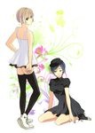  back bad_id bad_pixiv_id bare_shoulders black_dress black_legwear black_nails blonde_hair blue_hair bob_cut dress green_eyes grey_nails hat kneeling legs long_legs looking_at_viewer looking_back looking_to_the_side multiple_girls nail_polish original shiro96 shoes short_hair skirt sleeveless sleeveless_dress sneakers thighhighs veil white_dress yellow_eyes zettai_ryouiki 