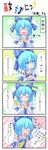  &gt;_&lt; 4koma ^_^ baozi blush cirno closed_eyes comic cosplay fang food hakurei_reimu hakurei_reimu_(cosplay) highres solo touhou translated wings yuya_(minus-k) 