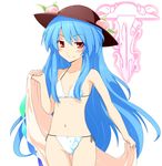  batsu bikini blue_hair blush flat_chest food fruit hat hinanawi_tenshi jpeg_artifacts long_hair peach red_eyes seductive_smile side-tie_bikini smile solo swimsuit touhou towel 