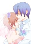  1girl bad_id bad_pixiv_id blue_hair blush boutonniere bow bowtie breasts bridal_veil bride brown_hair cleavage closed_eyes couple dress flower formal hair_flower hair_ornament hetero kaito medium_breasts meiko muro_(ninimohu) rose short_hair smile suit veil vocaloid wedding_dress 