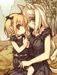  animal_ears blonde_hair blue_eyes blush brown_eyes cat_ears cat_tail child choker dress elf final_fantasy final_fantasy_xiv hair_ribbon lalafell long_hair miqo'te multiple_girls open_mouth pointy_ears ribbon short_hair sitting skirt smile tail twintails zama_masaaki 