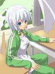  1girl alternate_costume bad_id bad_pixiv_id blue_eyes braid contemporary grey_hair izayoi_sakuya okaki short_hair solo touhou track_suit twin_braids 