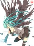  anbivarens aqua_hair aqua_nails bad_id bad_pixiv_id black_wings detached_sleeves dissolving hatsune_miku hatsune_miku_no_shoushitsu_(vocaloid) long_hair multiple_wings nail_polish necktie simple_background skirt solo tears thighhighs twintails very_long_hair vocaloid wings zettai_ryouiki 