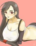  1girl breasts brown_hair cleavage earrings elbow_gloves erect_nipples female final_fantasy final_fantasy_vii gloves jewelry long_hair lying nicorin red_eyes shirt simple_background solo suspenders tifa_lockhart wet wet_clothes wet_shirt 