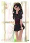  bangs black_hair blush bottomless curtain_grab curtains engrish hair_between_eyes hair_ornament hair_scrunchie indoors kantoku looking_at_viewer original pink_eyes ponytail ranguage sailor_collar scrunchie shirt_tug shizuku_(kantoku) short_sleeves solo sunlight thigh_gap window 