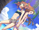  back-to-back beach bikini bikini_under_clothes brown_hair day holding_hands idolmaster idolmaster_(classic) long_hair maru_(sara_duke) minase_iori multiple_girls palm_tree shorts swimsuit swimsuit_under_clothes takatsuki_yayoi tree 