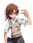  bad_hands bad_id bad_pixiv_id brown_eyes brown_hair misaka_mikoto school_uniform short_hair simple_background skirt smirk solo suiya sweater_vest to_aru_kagaku_no_railgun to_aru_majutsu_no_index wind 