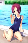  barefoot blurry chain-link_fence day depth_of_field drain_(object) feet fence flat_chest hands highres kneeling legs norizou_type-r one-piece_swimsuit original outdoors pool poolside purple_eyes purple_hair refraction school_swimsuit short_hair solo swimsuit water 
