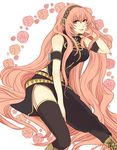  aqua_eyes bad_id bad_pixiv_id bare_shoulders boots flower headphones long_hair megurine_luka no_armwear pink_hair rose ryou_(albtraum) skirt sleeveless smile solo thighhighs very_long_hair vocaloid 