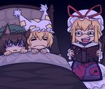  :3 =_= animal_ears bad_deviantart_id bad_id bed bespectacled blonde_hair book brown_hair cat_ears chen chibi english glasses hat k0n3k0 multiple_girls open_mouth reading scared tears touhou trembling yakumo_ran yakumo_yukari 