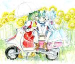  :&lt; antennae ascot barefoot blue_hair blush boots bow cape cheek_kiss cirno colored_eyelashes flower green_eyes green_hair ground_vehicle hair_bow imminent_kiss kazami_yuuka kiss master_(4th) motor_vehicle multiple_girls parasol plaid plaid_skirt plaid_vest profile red_eyes scooter short_hair skirt skirt_set sunflower touhou traditional_media umbrella vest watercolor_(medium) wings wriggle_nightbug yuri 