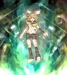  blonde_hair detached_sleeves ele green_eyes hair_ornament hair_ribbon hairclip headphones kagamine_rin leg_warmers midriff open_mouth ribbon sailor_collar short_hair shorts solo vocaloid 