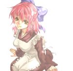  apron bow hair_bow japanese_clothes kimono kohaku maid red_hair ribbon sada_akane sitting smile solo tsukihime yellow_eyes 