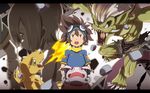  abs agumon bad_id bad_pixiv_id belt brother_and_sister brown_eyes brown_hair claws debris digimon digimon_adventure earrings fire gloves goggles goggles_on_head green_eyes hajime_(hajime-ill-1st) highres horns jewelry koromon letterboxed male_focus ogremon open_mouth sharp_teeth shirt shorts siblings solo sweat t-shirt teeth tongue torn_clothes white_gloves yagami_hikari yagami_taichi 