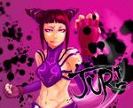  abs bare_shoulders black_hair clenched_hand detached_sleeves fingerless_gloves gloves han_juri ink kyougetsu_(junrai) licking_lips midriff nail_polish navel purple purple_eyes solo street_fighter street_fighter_iv_(series) tongue tongue_out 