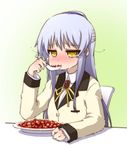  angel_beats! blazer blue_hair blush eating food hairband jacket long_hair mapo_doufu paprika_(artist) school_uniform sitting solo spicy spoon tears tenshi_(angel_beats!) yellow_eyes 