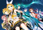  4girls :p aqua_eyes aqua_hair blue_eyes blue_hair brown_eyes brown_hair detached_sleeves everyone hair_ribbon hands_on_hips hatsune_miku headset highres kagamine_len kagamine_rin kaito kamui_gakupo katana kitano_tomotoshi lineup long_hair looking_at_viewer megurine_luka meiko midriff multiple_boys multiple_girls navel necktie pink_hair purple_hair ribbon scarf short_hair skirt sword thighhighs tongue tongue_out twintails very_long_hair vocaloid weapon 